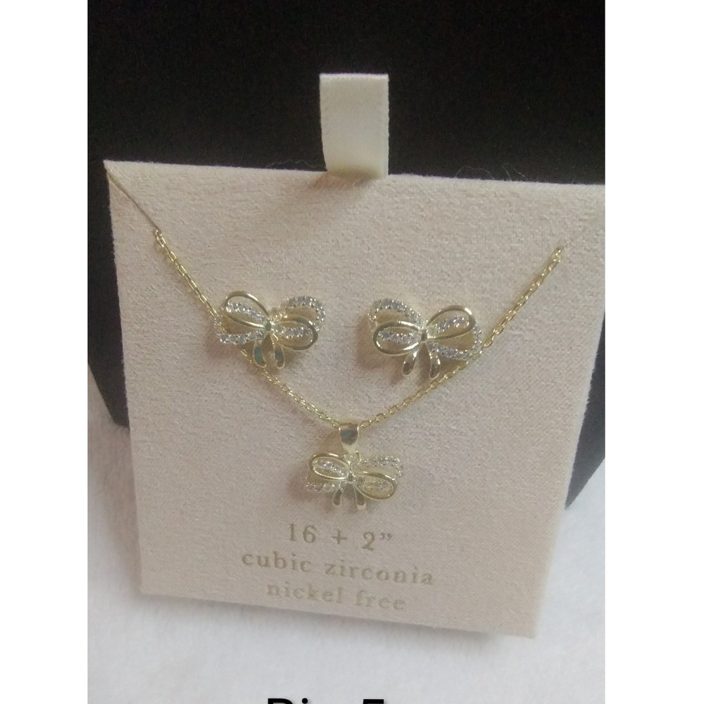 Gold Tone‎ Cubic Zirconia Bow Necklace and Earrings Set Nickel Free 16+2 Inch
